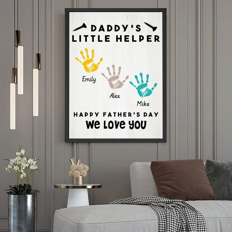 Personalized Daddys Little Helper Handprint Fathers Day Canvas Poster Custom Canvas Wall Art Print Decor Fathers Day Gift